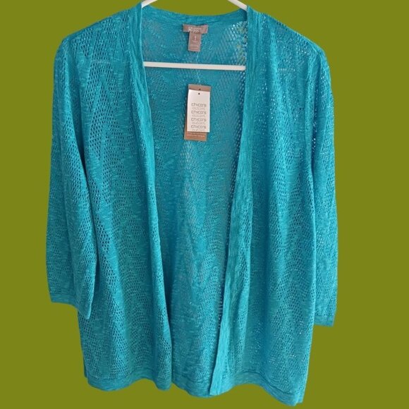 Chico's Open Knit Cardigan Sweater Size 1 Turquoise color - Picture 1 of 12